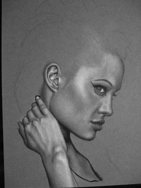 Angelina Jolie, WIP #3 - Skin mostly done. For the final drawing, I've added hair and refined the skin texture to a very fine structure. Angelina Jolie, WIP #3 - Skin mostly done. For the final drawing, I've added hair and refined the skin texture to a very fine structure.
