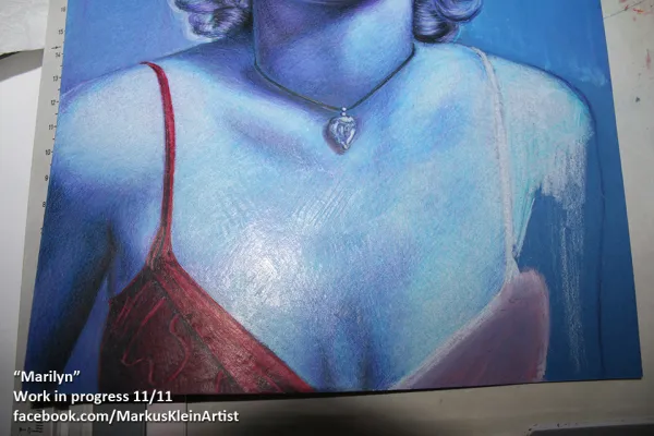 "Blue Marilyn" WIP 11/11: nearly done. I have removed some of the white priming on her clothing as it is supposed to be more in shadows. The light reflection on this photo reveals some of the surface structure. "Blue Marilyn" WIP 11/11: nearly done. I have removed some of the white priming on her clothing as it is supposed to be more in shadows. The light reflection on this photo reveals some of the surface structure.